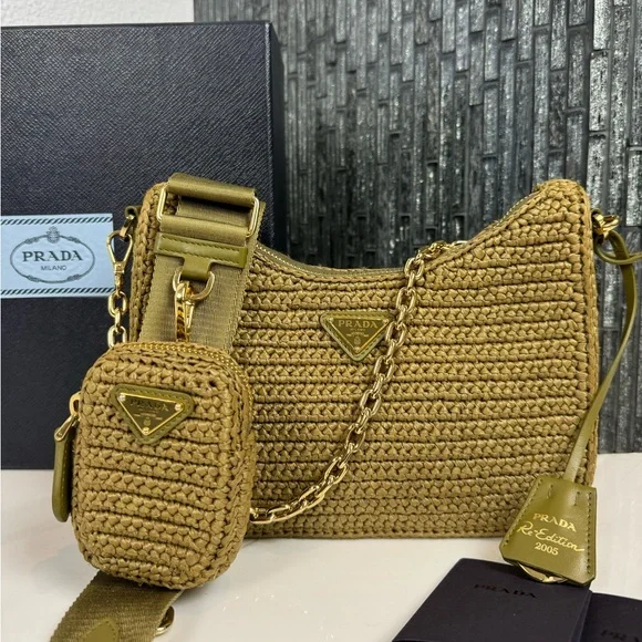 🌿Prada Re-Edition 2005 Raffia Crochet Olive Green Crossbody Bag